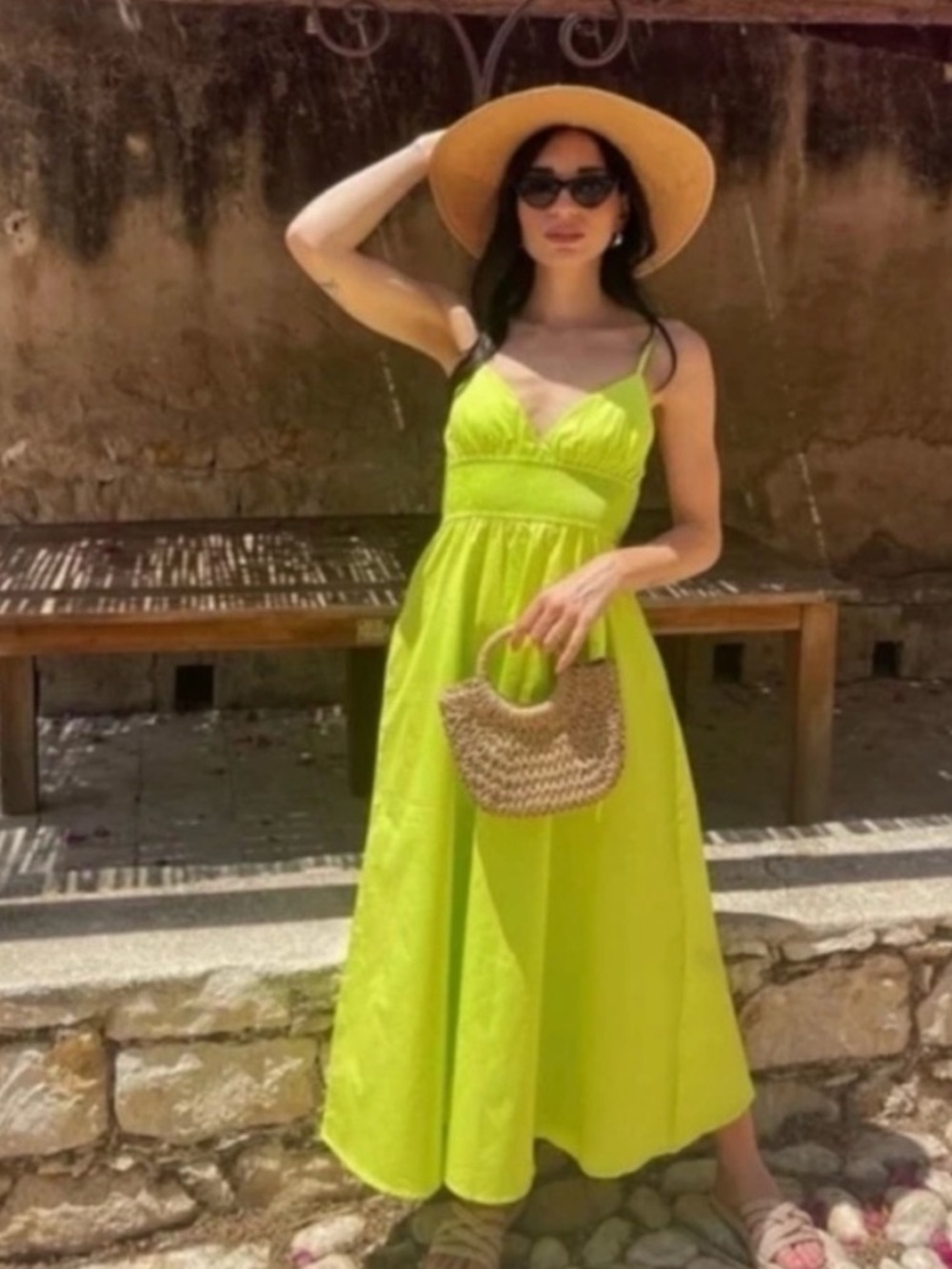 NWT Zara Neon Green V-Neck Poplin Maxi Dress - Picture 9 of 10